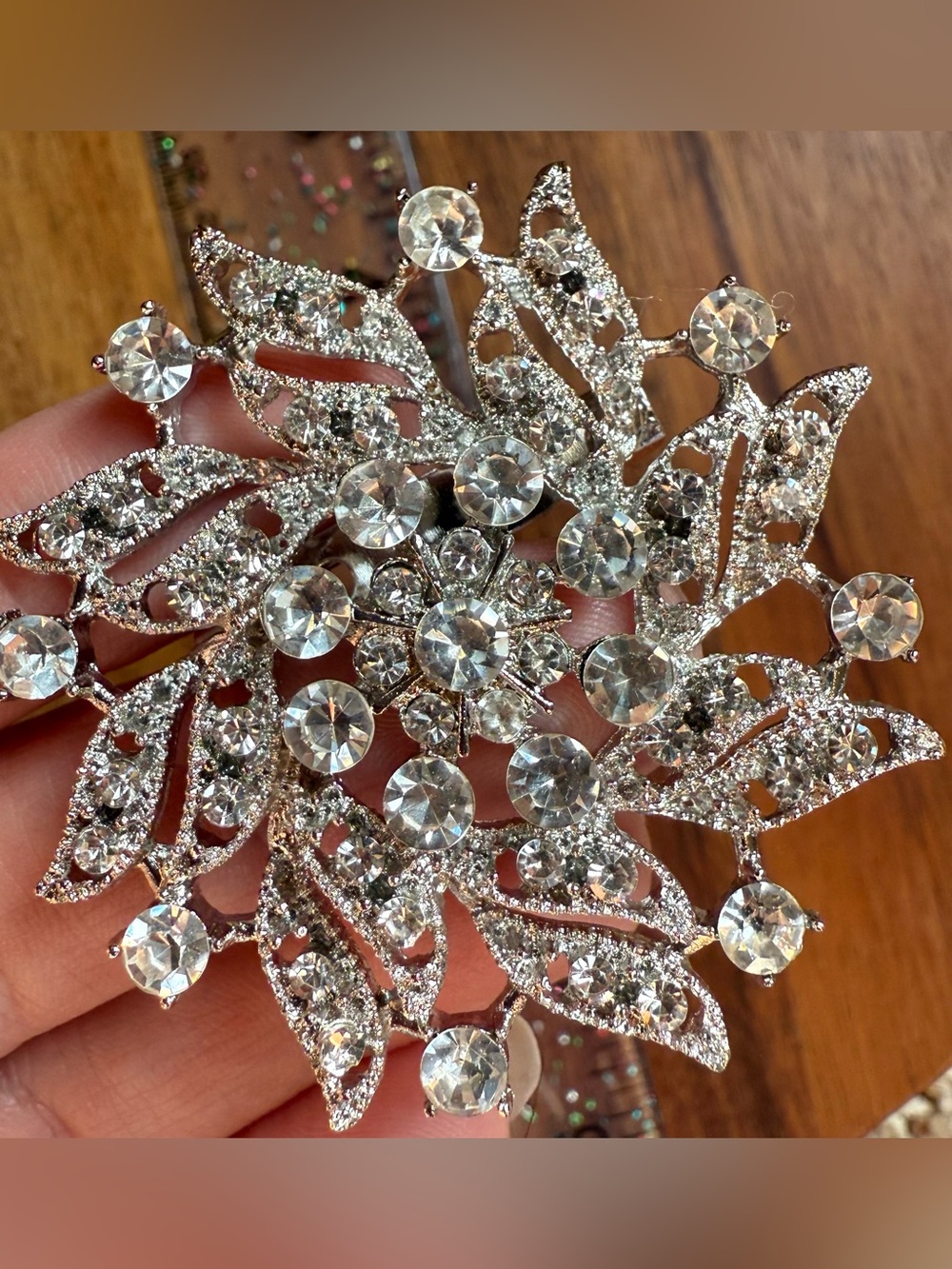 Modern Silver Tone Rhinestone Floral Brooch - Clear Pin Leaf